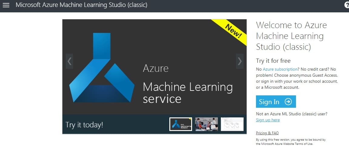 Azure machine learning studio Home Page