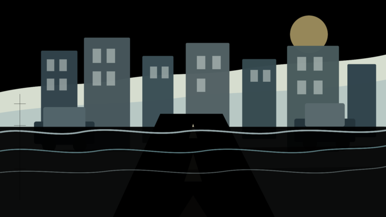 Stylized city street partly submerged by rising blue water beneath a pale sky.