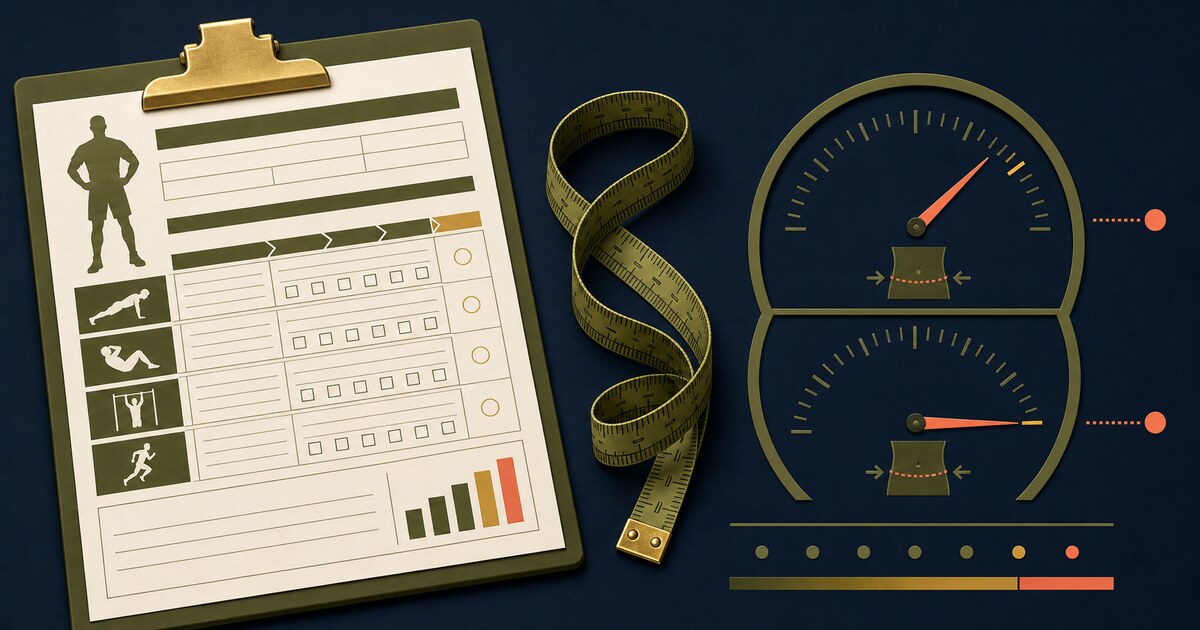 A military fitness worksheet and measuring tape beside a waist-to-height ratio gauge near the 0.550 cutoff.