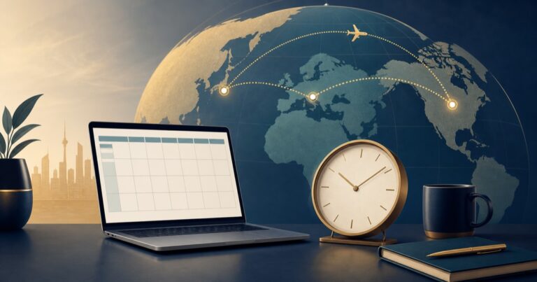 A business travel planning illustration with a globe, flight path, calendar, and clock across time zones.
