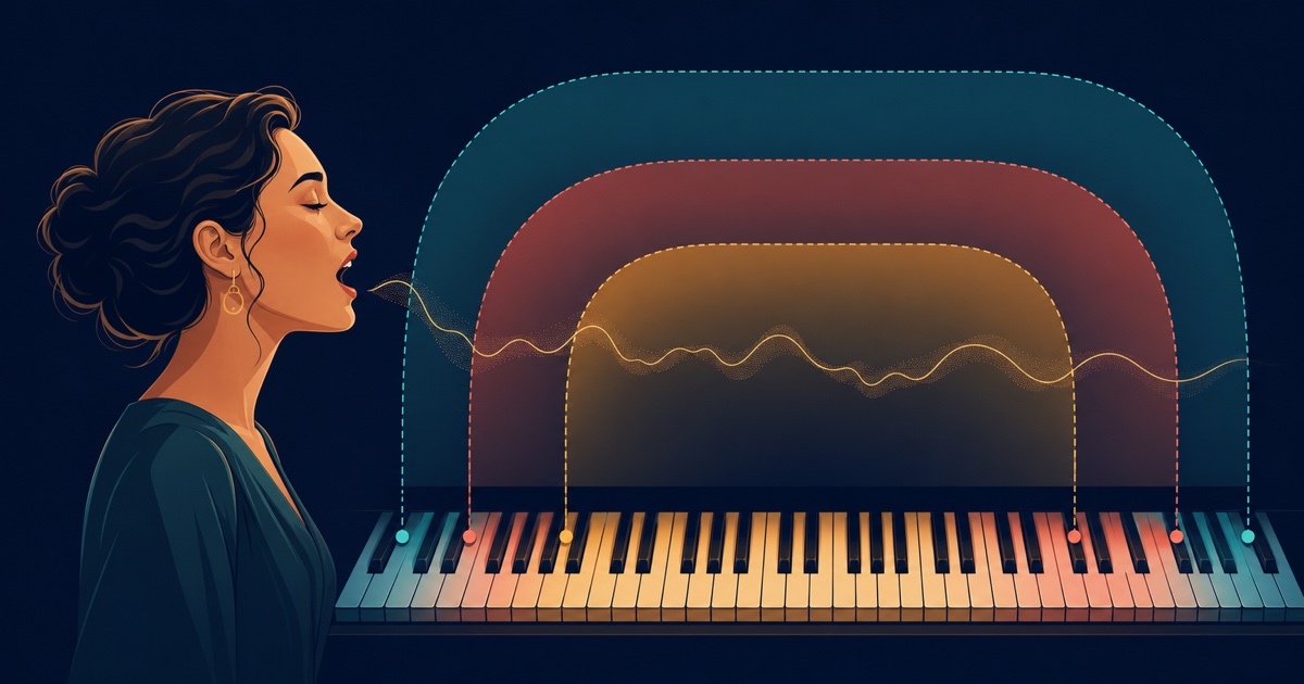A singer beside a piano keyboard with three nested bands representing detected, repeatable, and usable vocal range.