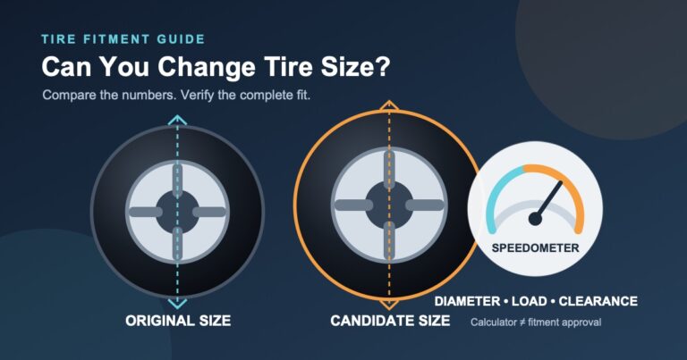 Two tire sizes shown side by side with diameter and speedometer comparison indicators.