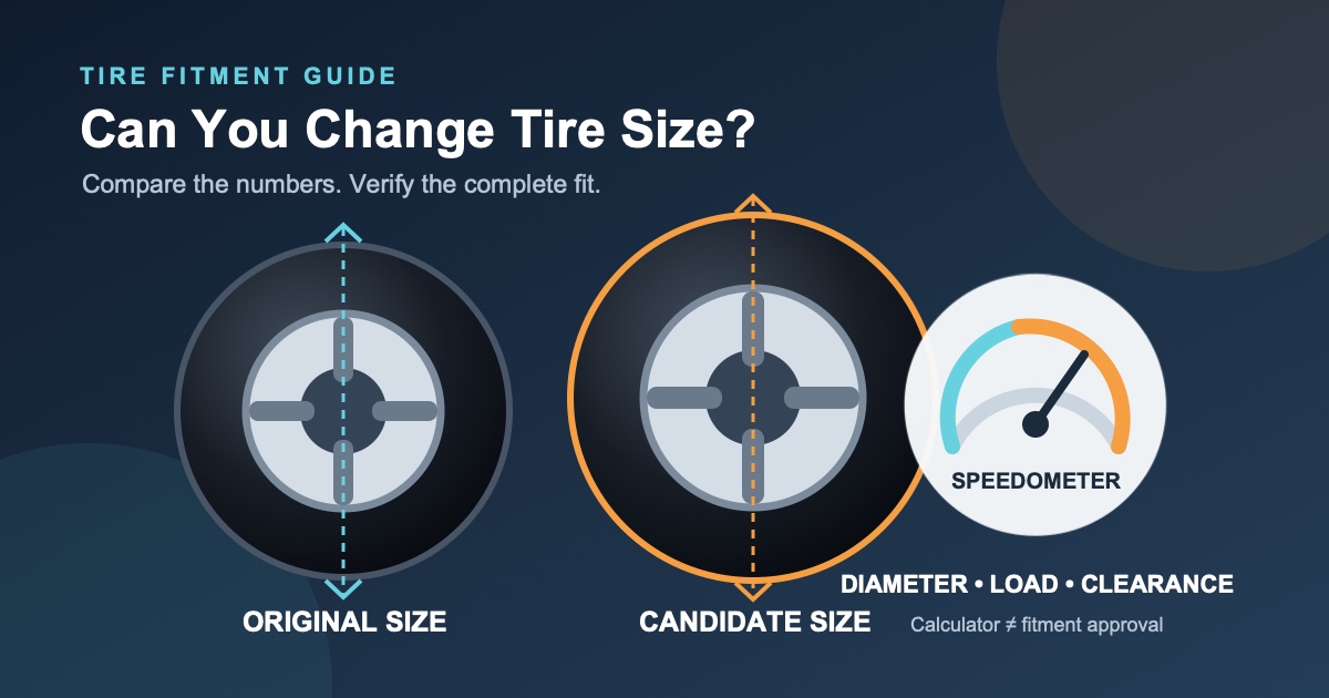 Two tire sizes shown side by side with diameter and speedometer comparison indicators.