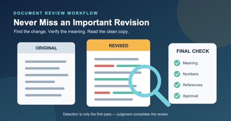 Original and revised documents reviewed side by side with a magnifying glass and approval checklist.